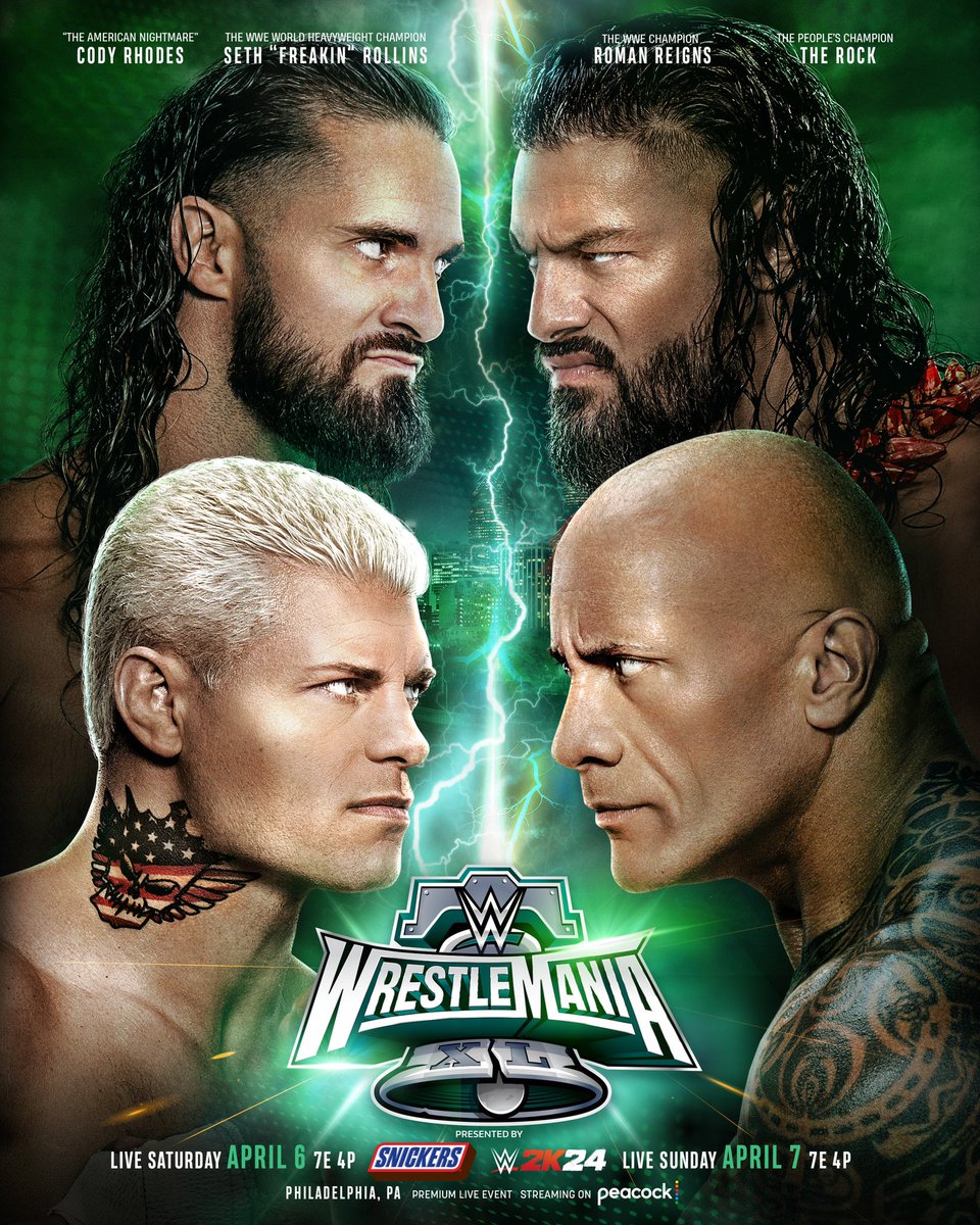 The biggest tag team match ever… at the biggest #WrestleMania ever. @TheRock & @WWERomanReigns vs. @CodyRhodes & @WWERollins is happening LIVE in Philly at WrestleMania XL.