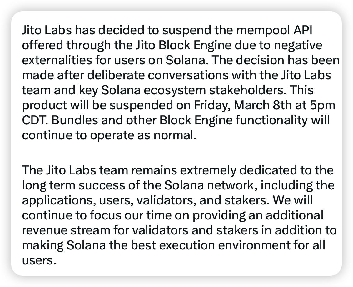 劲爆新闻：SOL终于消停了》 SOL的夹子终于消停了，JTO技术层把memepool停了。  memepool这个BUG代码底层应该是搞不定，只能直接停了，太秀了。 SOL 的群魔乱舞终于结束了。  还是要感谢我们推特曝光了这次JTO夹子闹剧，不然这个持续了10多天的闹剧不知道何时会停，所有炒币 ...