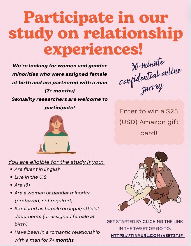 The Chadwick Lab is recruiting AFAB women & gender minorities in a relationship w a MAN (7+ months) to participate in a ~30 min online study! Sexuality scholars who are eligible are especially welcome! Participants can win a $25 Amazon Gift Card. uwmadison.co1.qualtrics.com/jfe/form/SV_0S…
