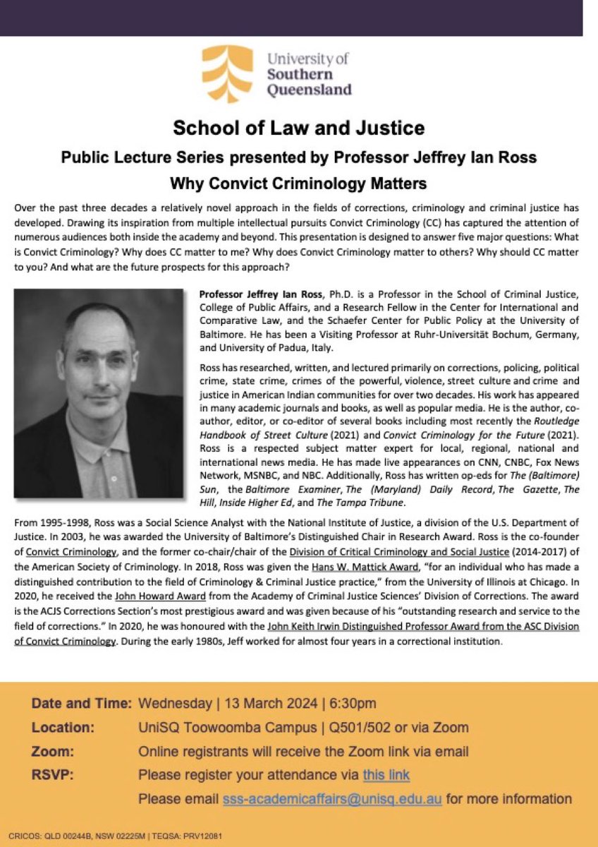 Suzanne Brumby (@reichsuz) on Twitter photo Weāre super spoilt to have Professor <a href="/jeffreyianross/">Jeffrey Ian Ross</a> visiting <a href="/unisqaus/">University of Southern Queensland</a> this coming week! Kicking off on Wednesday night with a public lecture about why convict #criminology matters. To attend in person or watch online, register here: forms.office.com/pages/response⦠Weāre super spoilt to have Professor <a href="/jeffreyianross/">Jeffrey Ian Ross</a> visiting <a href="/unisqaus/">University of Southern Queensland</a> this coming week! Kicking off on Wednesday night with a public lecture about why convict #criminology matters. To attend in person or watch online, register here: forms.office.com/pages/responseā¦