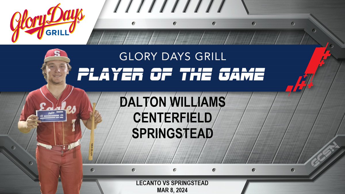 Gulf Coast Sports Network would like to congratulate Dalton Williams for being named the Glory Days Player of the Game on our Mar 8, 2024 broadcast! Full replay on our YT channel! <a href="/williams27d1/">DWilliams27</a> <a href="/Springstead_Ath/">Springstead Athletics</a> <a href="/HernandoCo_Ath/">Hernando School District Athletics</a> #baseball #hsbaseball
