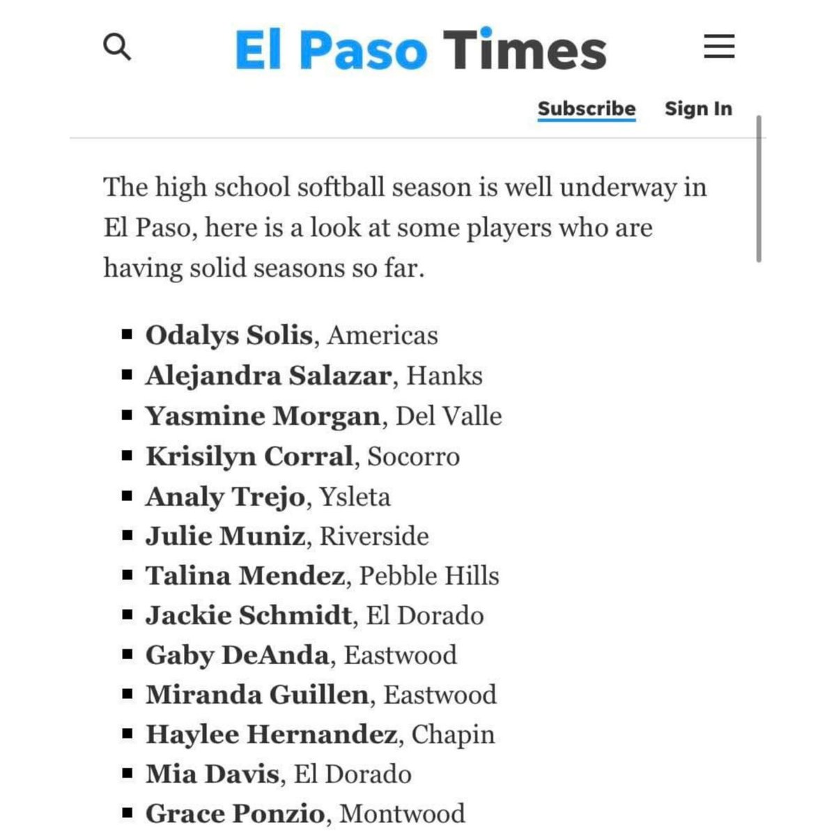 Julie gets mentioned in the El Paso Times as top softball players in El Paso… 🥎💪🏼 @juliemuniz26