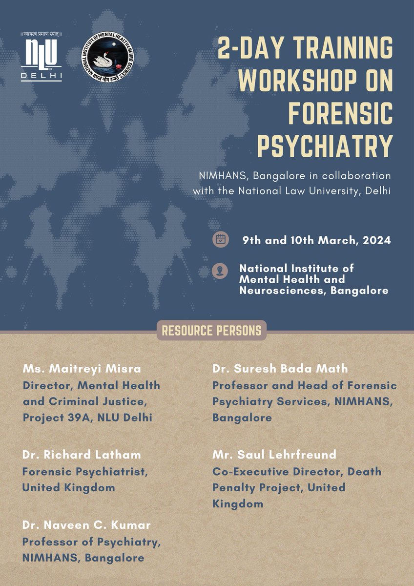 We are proud to facilitate the collaboration between @NIMHANS_BLR & @NLUDofficial for a 2-day interdisciplinary forensic psychiatry workshop at NIMHANS! Resource persons for the workshop are @MisraMaitreyi, @sureshbadamath, Dr. Naveen Kumar, @SaulLehrfreund & Dr. Richard Latham.