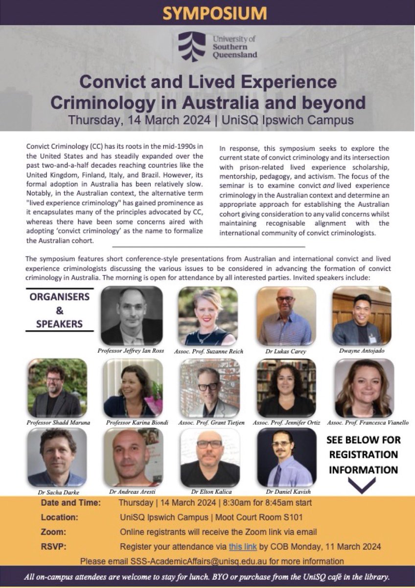Suzanne Brumby (@reichsuz) on Twitter photo We are only days away from our Convict and Lived Experience Criminology Symposium <a href="/unisqaus/">University of Southern Queensland</a>. #Livedexperience of the #criminaljustice system offers unique & important insights to #criminology for #research, #teaching, & in #practice.
Register here: forms.office.com/pages/response⦠We are only days away from our Convict and Lived Experience Criminology Symposium <a href="/unisqaus/">University of Southern Queensland</a>. #Livedexperience of the #criminaljustice system offers unique & important insights to #criminology for #research, #teaching, & in #practice.
Register here: forms.office.com/pages/responseā¦