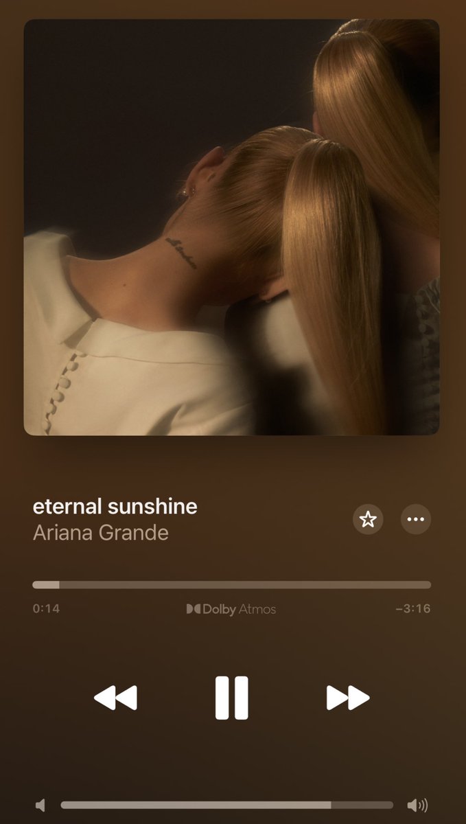 Estaba escuchando el nuevo disco de Ariana Grande y al llegar al track 5  'Eternal Sunshine' me quedé atrapada y no puedo pasar de ahí jajaja ya la puse como mil veces ✨ amooo