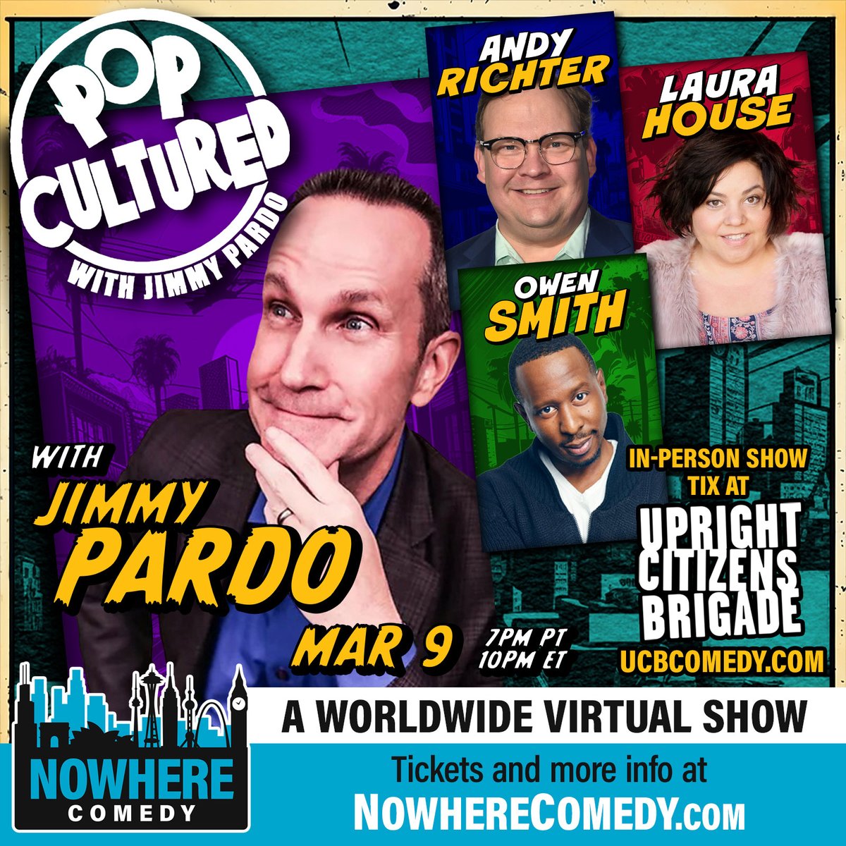 Ready for a comedy blast? Dive into #PopCultured with @jimmypardo! Laugh along with @AndyRichter, @imlaurahouse, @OwenSmith4Real. Wacky games, endless laughs await at NowhereComedy.com