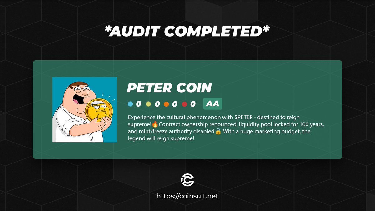 🔒 AUDIT COMPLETED PETER COIN

🎁 GIVEAWAY: $10 (48 hours)

1⃣ Follow <a href="/petercoinsol/">Peter</a> &amp; <a href="/CoinsultAudits/">Coinsult - Audits & Development</a> 
2⃣ Like + RT this tweet
3⃣ Place a comment 💬

Go check out the full project page of Peter Coin 👇
coinsult.net/projects/peter…