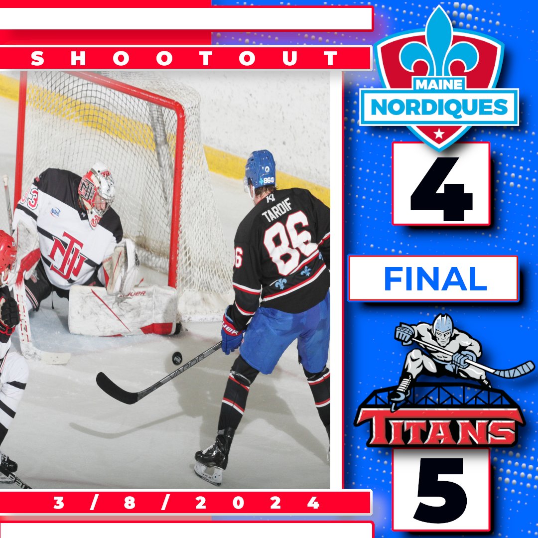 MaineNordiques's tweet photo. Titans take this one in a shootout

However, Kellen Murphy tied it up with 38 seconds left and with it has become the Nordiques all time record holder for career goals with 38!

Back at it tomorrow at 7 https://t.co/D2QQzZprkr