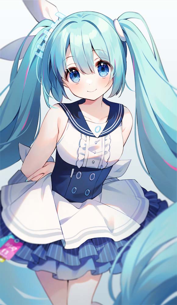 hatsune miku 1girl solo twintails smile long hair arms behind back very long hair  illustration images