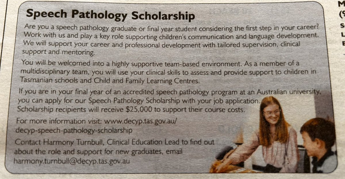 Scholarships for final year Speech Pathology university students to work with the Tasmanian Department for Education, Children and Young People following graduation - great that UTAS masters students are now eligible 🙌