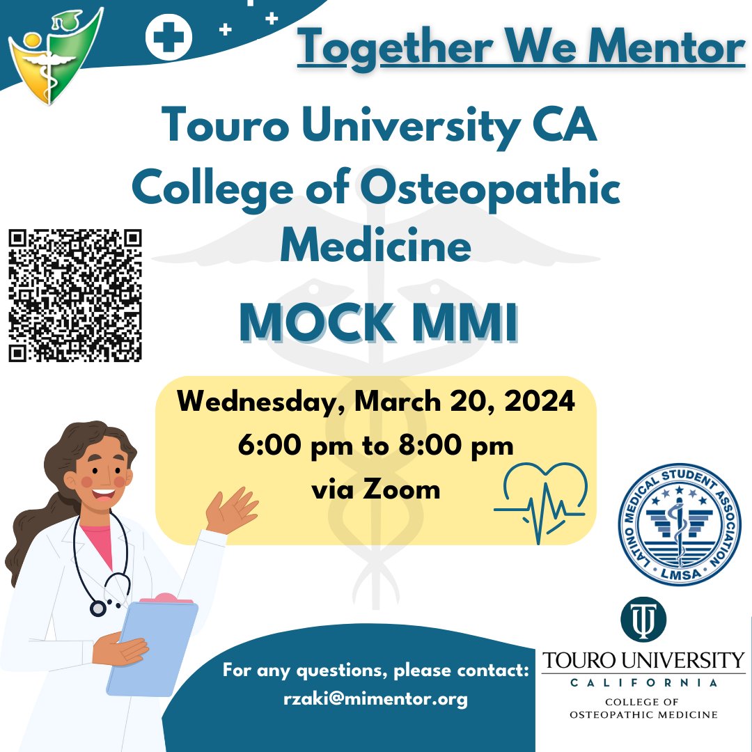 Join MiMentor for our Mock MMI event with Touro University College of Osteopathic Medicine on March 20th, 2024.🌟Scan QR code or click the link below to sign up: app.aplos.com/aws/events/tog… Questions? Email Roya: rzaki@mimentor.org or Leslie: lmedina@mimentor.org 🏥🩺🔰
