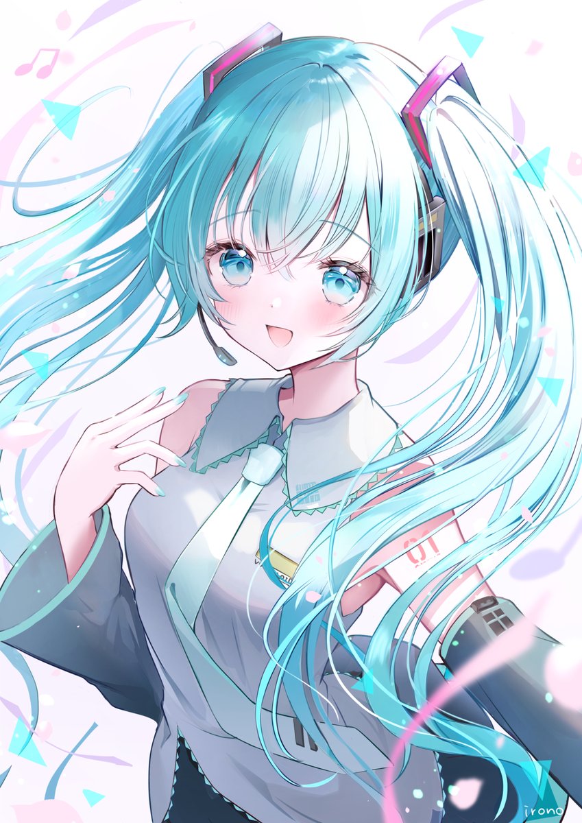 hatsune miku 1girl solo long hair twintails necktie detached sleeves smile  illustration images