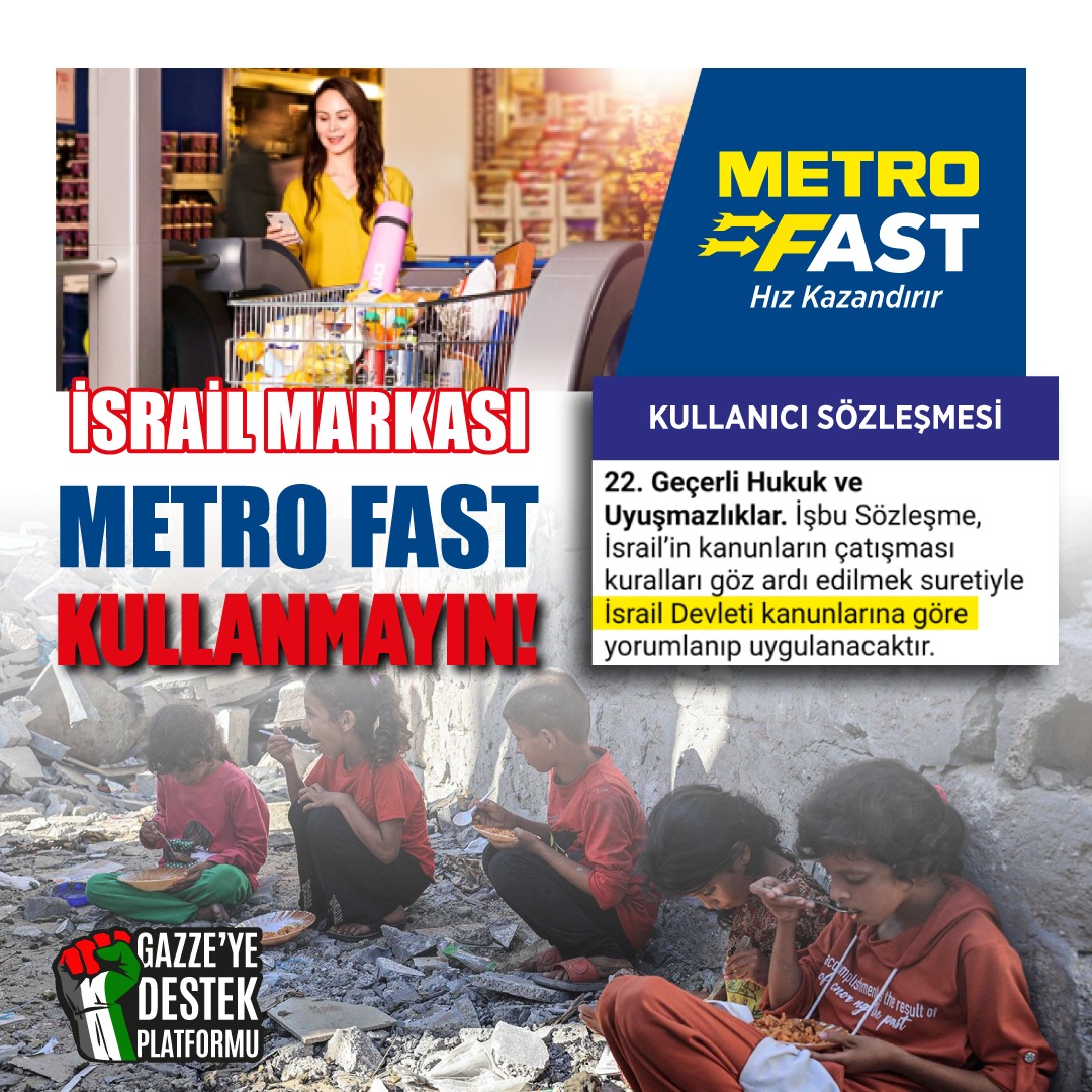 Metro marketlerde kullanılan fast uygulamasını incelediğimizde İsrail Mahkemeleri'nin yetkili olduğuna ilişkin bir madde ile karşılaştık.Kendi ülkemizde bu tahakküme de sessiz kalmayalım.#metromarket #AcunMedyaBoykot
