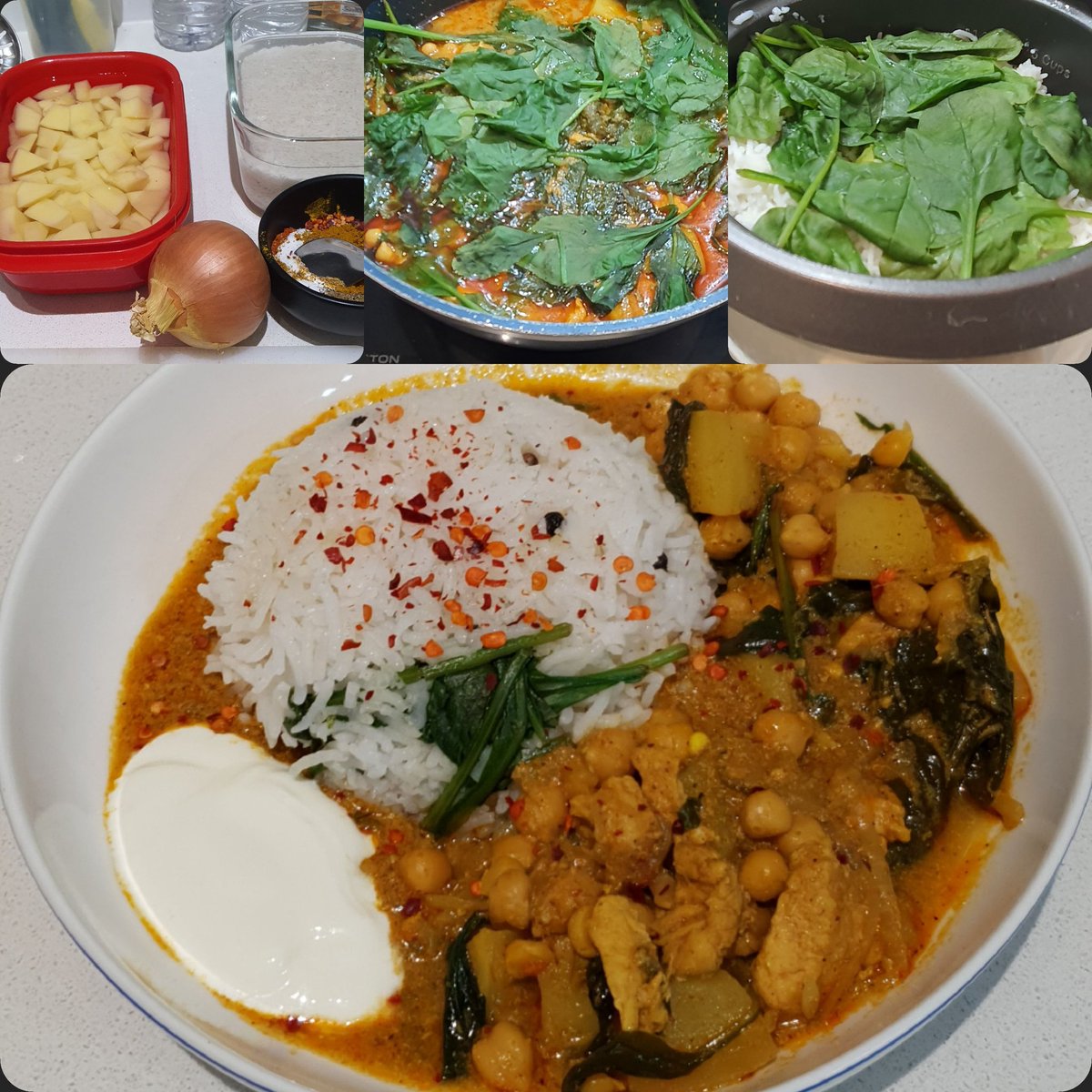 First propa cooked Evening meal in 4months, 
#homemade #chieflife #homechef  #saturdaynitein #currynite #chickencurry  #eatclean #spinach  #spicy #chickpea #potato #healthy #fresh #spinachrice 
#steamedrice #mealprep #foodie
#foodporn