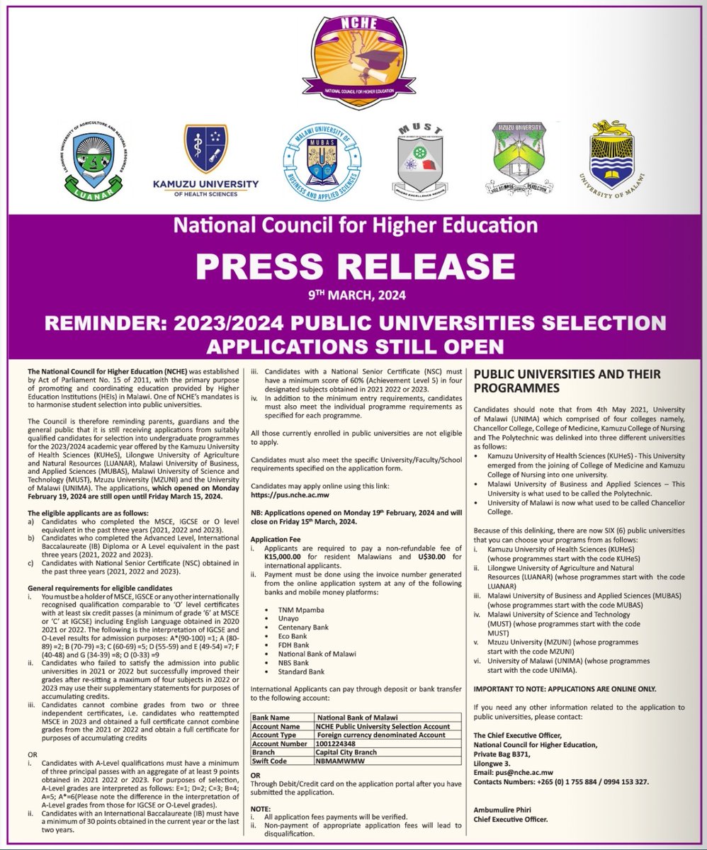 Don't miss out! Applications for the 2023/2024 Public Universities Selection are still OPEN! Closing date is Friday 15th March, 2024. Apply now and embark on your journey towards academic excellence! Apply here: pus.nche.ac.mw #PublicUniversitiesSelection #ApplyNow