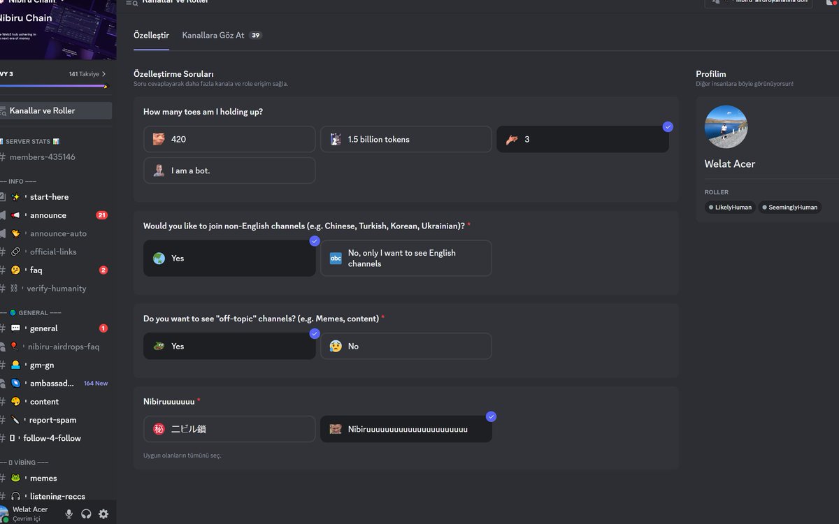 #nibiru airdorp için yapılacaklar.

1)#nibiru için kyc işlemlerinden biri dc de yüz taraması ''likely human''rolünü bağlı rollere basarak alın

2) nibiru dc de bulunan ''kanallar ve roller'' etıklayıp ''3'' şıkkını işaretleyin..

3)claim sayfası haziran da açılacak