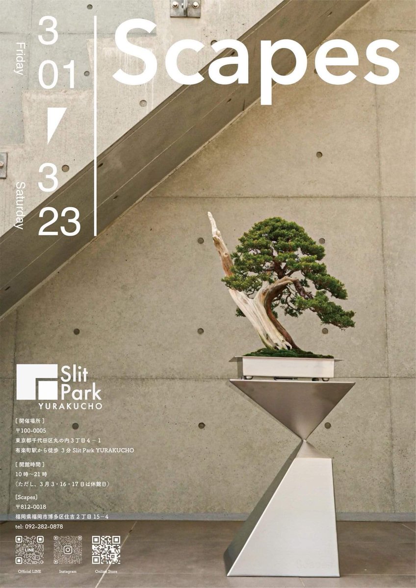 nobi's tweet image. #artfairtokyo に来てる人に、国際フォーラムから徒歩２分の #SLITPARK (HALL C向かい、EPSON横)で行われてる #Scapes のかなりアートな盆栽も見て欲しい！
21時まで！