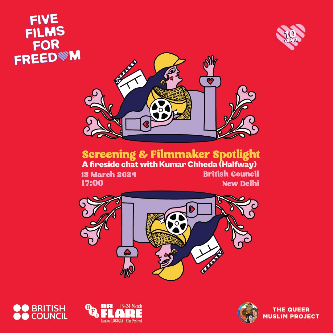 Join us on the 10th year of #FiveFilmsForFreedom! 🌈🎬 Dive into 5 short LGBTQIA+ films & get cozy for a fireside chat with Kumar Chheda (Halfway). 🗓 13 Mar 2024 🕔 5 PM 📍 British Council Delhi ✉️ RSVP: lnkd.in/g6KbyeV2 @inBritish @UKinIndia @albarrett09 @HMGBecksB