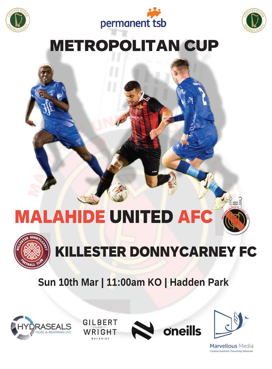 Malahide United Senior Sunday side are back in cup action this Sunday as they take on @KillesterDonny in the semifinals of the Permanent TSB Metropolitan Cup in Hayden Park. Kick off 11am and all support appreciated 🔴⚫️ #MalahideUtdAFC #muafc #LSL #LSLLiveScore