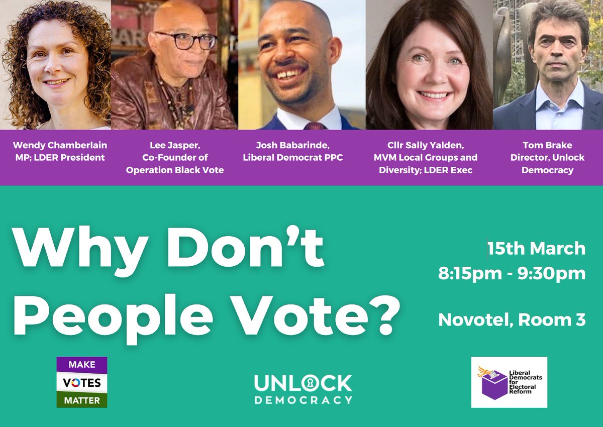 Join our amazing panel at Lib Dem conference in York for a discussion on why millions don’t vote at election time and why low turnout gets ignored as a warning for our democracy. @UnlockDemocracy @OpBlackVote @MakeVotesMatter