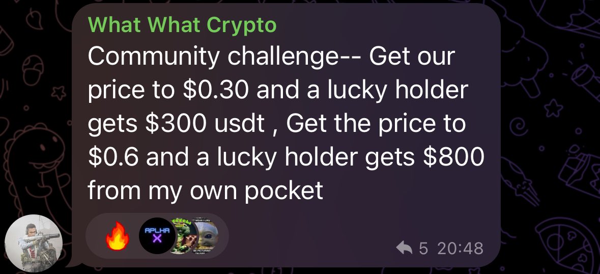 cryptuszko's tweet photo. @xAPLHA_BSC community is strong and active. Why do I say that you ask? 🤔

Take a look on challenges other holders prepared 👀 and take your chance to win over 2000 $USDT 💸

1. Buy a bag 💰of $xAPLHA tokens. If price will reach 0.3$, one lucky holder will win 300 $USDT

2. Buy a bag 💰of $xAPLHA tokens. If price will reach 0.6$, one lucky holder will win 800 $USDT

3. Make your spot in a list of top 15 holders and win 1000 $USDT if price will go to the ATH 📈

Don’t forget our other raffles👇🏼

4. buy 10$ worth bag of $xAPLHA and win 1500 $EXT

5. Burn 100 $xAPLHA tokens and win 5000 tokens! 🔥

Come and check by yourself 👀

📣Telegram: https://t.co/Vn0K1C7stY
