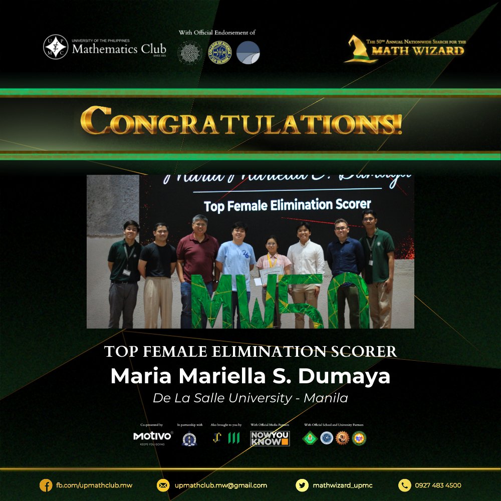 mathwizard_upmc's tweet photo. On behalf of UP Math Club, we present to you the official Top Male and Female Elimination Scorer!

Congratulations,
Top Male Elimination Scorer
Immanuel Josiah A. Balete

Top Female Elimination Scorer
Maria Mariella S. Dumaya

#TheAnnualNationWideSearchForTheMathWizard
#MW50 https://t.co/bvcxx7DfHq