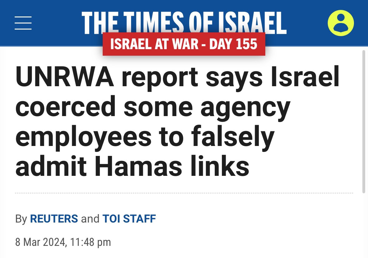 tiberiusfiles's tweet photo. “Agency staff members have been subject to threats and coercion by Israeli authorities while in detention, and pressured to make false statements against the Agency, including that they have affiliations with Hamas and that UNRWA staff took part in the 7 October atrocities.”

👇 https://t.co/lAFSWEMv71