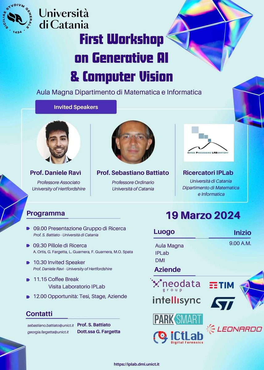 Informatica UNICT (@informaticunict) on Twitter photo First workshop on generative AI & computer vision 19 marzo 2024
<a href="/sebattiato/">Sebastiano Battiato</a>
#unict #iplab First workshop on generative AI & computer vision 19 marzo 2024
<a href="/sebattiato/">Sebastiano Battiato</a>
#unict #iplab