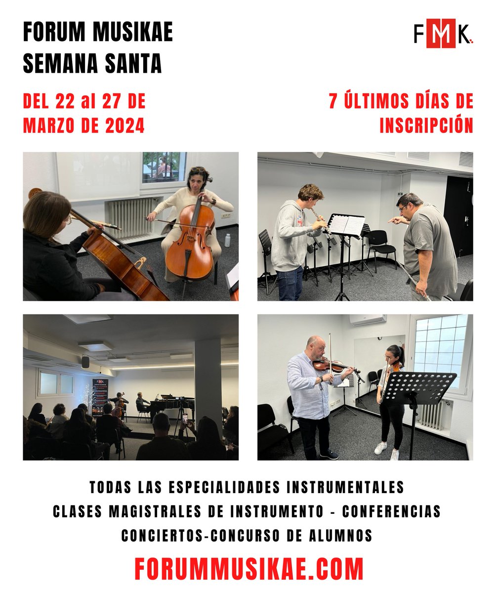 ForumMusikae's tweet photo. Forum Musikae Semana Santa 2024
50 maestros de renombre nacional e internacional te aguardan para impulsar tu carrera musical al máximo nivel.
¡No dejes pasar esta oportunidad única de crecimiento y aprendizaje!
Toda la información e inscripción
https://t.co/T6VLp7etBm https://t.co/qyu9XwTjeX