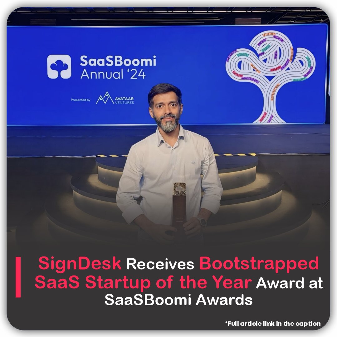 The SaaSBoomi Awards have named SignDesk, a RegTech company, the “Bootstrapped SaaS Startup of the Year.”

Read more - viestories.com/signdesk-boots…

#signdesk #saasboomi #saasstartup #awards