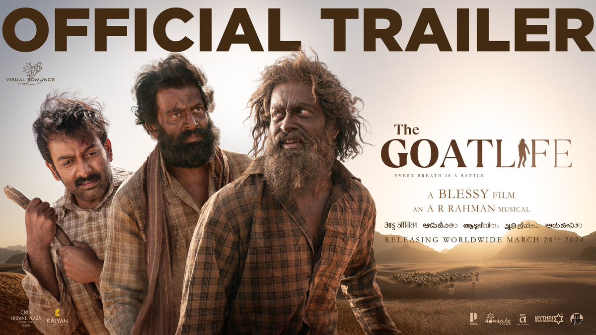 One Man's Grit vs The Might of the Desert - A story never imagined!
Presenting #TheGoatLifeOfficialTrailer - the greatest survival adventure!

#TheGoatLife coming to theatres near you on 28.03.2024.

🔗 youtu.be/qvsiJKdDxPs 

#Aadujeevitham #TheGoatLifeOn28thMarch…