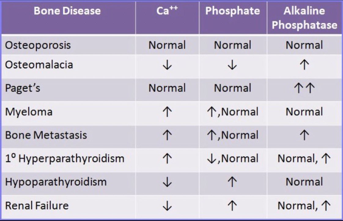 Levels of calcium, phosphate, and alkaline phosphatase in some bone diseases 🦴