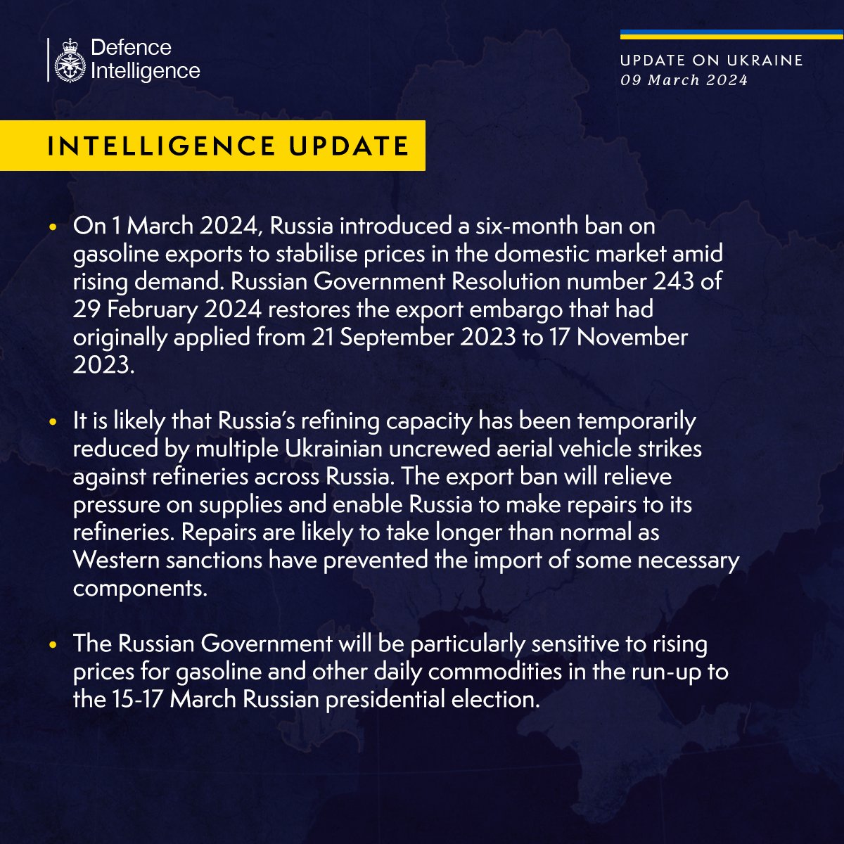 Latest Defence Intelligence update on the situation in Ukraine – 09 March 2024. Find out more about Defence Intelligence's use of language: ow.ly/965F50QPmHP #StandWithUkraine 🇺🇦