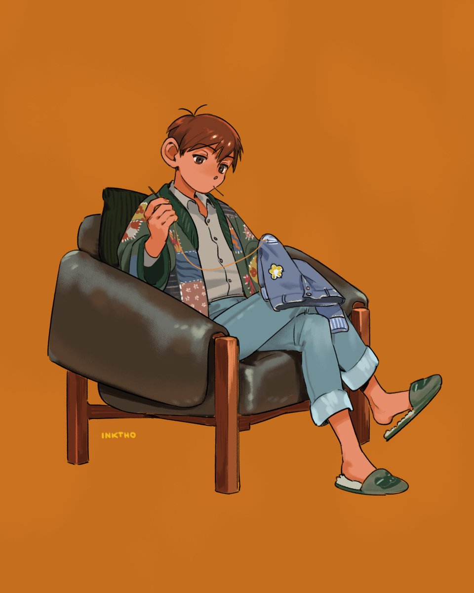 1boy male focus solo slippers simple background orange background sitting  illustration images