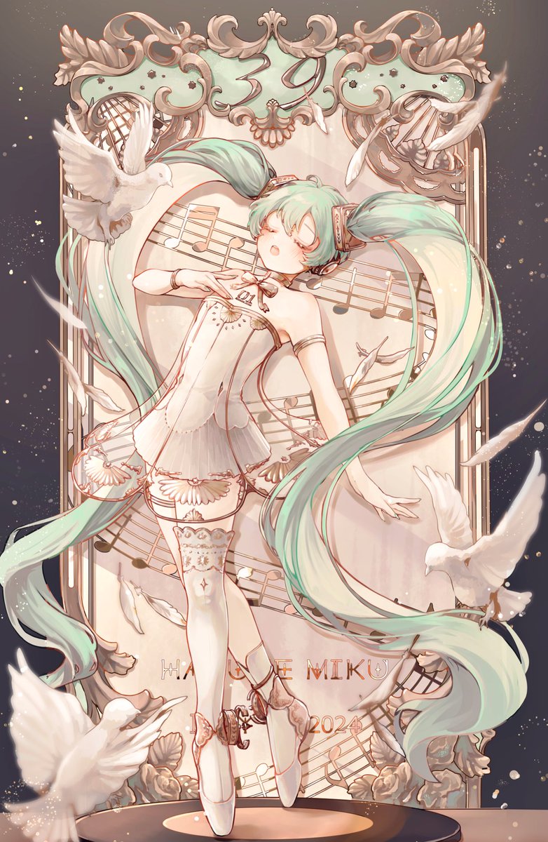hatsune miku 1girl long hair twintails dress thighhighs strapless dress closed eyes  illustration images