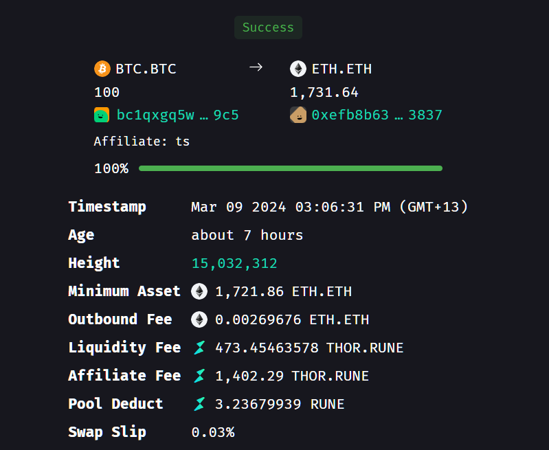 Largest <a href="/THORChain/">THORChain</a> swap to date.

A beautiful 100 $BTC > 1,731.64 $ETH cross-chain swap executed with max capital efficiency. 

Self-custody wallet to wallet.
Native, permissionless, decentralized.

#BetterThanCEX 💪 $RUNE $THOR

runescan.io/tx/A606067B31E…