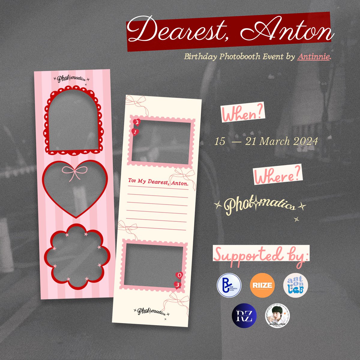 RIIZE_ID's tweet image. Dearest Anton Day

Riize’s Anton Birthday Photobooth Event by @antinnie

🗓️ 15 – 21 March ‘24
📍 Photomatics
✨ Details on pics!

Have a great time celebrating Anton’s birthday with fellow teeny(s) :p Happy Anton Day! 💗