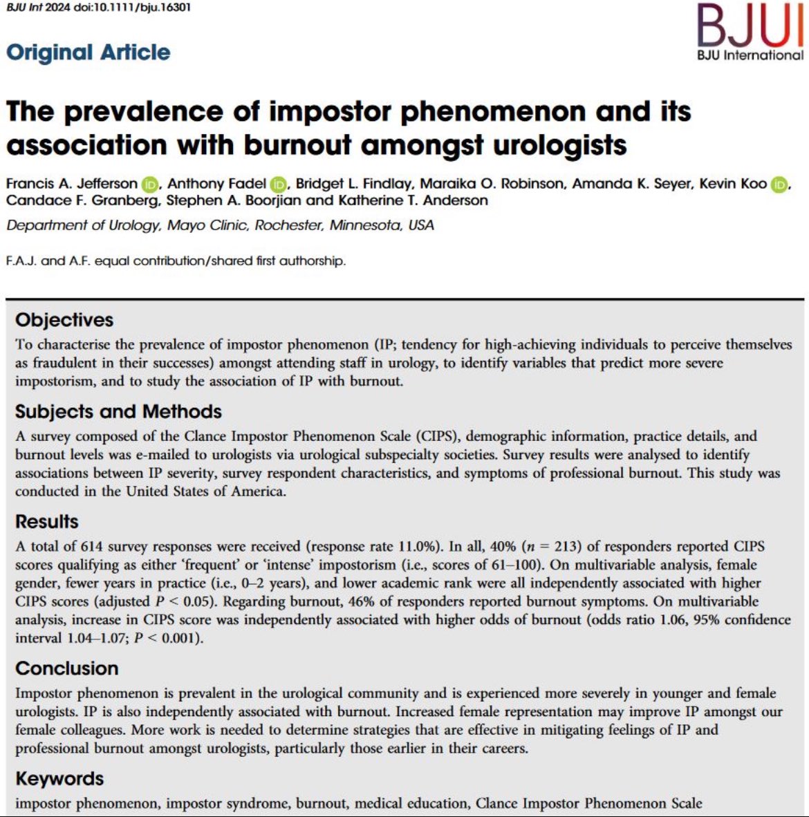 El síndrome del impostor en urología es prevalente, afectando al 40% de la gente encuestada. El 46% reportaron síntomas de burnout. Además, el síndrome del impostor se asocia de forma independiente con el burnout. Artículo del @BJUIjournal : doi.org/10.1111/bju.16…