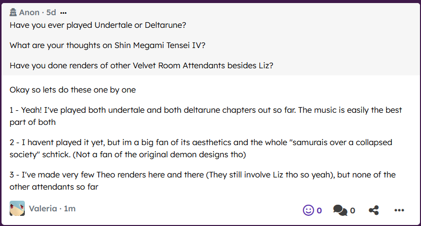 AccurstMaiden's tweet photo. Have you ever played Undertale or Deltarune?
What are your thoughts on Shin Megami Tensei IV?
Have you done renders of other Velvet Room Attendants besides Liz?
Sorry its just Liz is literally one of my favorite fictional characters ever #ValeRS
https://t.co/4BsJZZuPPa https://t.co/AP6PY7Siwu