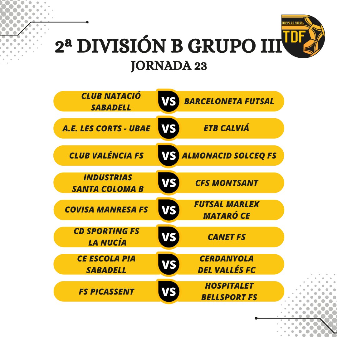 Tiempo de Futsal (@tdfutsal) on Twitter photo 𝘚𝘌𝘎𝘜𝘕𝘋𝘈 𝘋𝘐𝘝𝘐𝘚𝘐Ó𝘕 𝘉 𝘎𝘐𝘐𝘐. 𝘑𝘖𝘙𝘕𝘈𝘋𝘈 23
🔴⚫ Tras la derrota de la última jornada, el <a href="/CDNuciaFS/">CD Sporting FS La Nucía</a> buscará recuperar sensaciones frente a su afición en el encuentro que lo enfrentará al <a href="/CanetFs/">CANET FS</a>.
➡️ El <a href="/ClubManresaFS/">Covisa Manresa F.S.</a> estrenará liderato en "El Pujolet" ante 𝘚𝘌𝘎𝘜𝘕𝘋𝘈 𝘋𝘐𝘝𝘐𝘚𝘐Ó𝘕 𝘉 𝘎𝘐𝘐𝘐. 𝘑𝘖𝘙𝘕𝘈𝘋𝘈 23
🔴⚫ Tras la derrota de la última jornada, el <a href="/CDNuciaFS/">CD Sporting FS La Nucía</a> buscará recuperar sensaciones frente a su afición en el encuentro que lo enfrentará al <a href="/CanetFs/">CANET FS</a>.
➡️ El <a href="/ClubManresaFS/">Covisa Manresa F.S.</a> estrenará liderato en "El Pujolet" ante