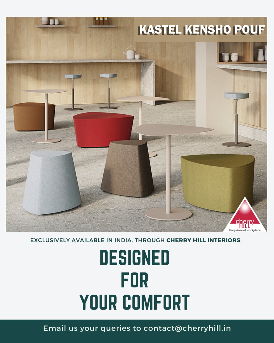 CherryHillDelhi's tweet image. WHERE CREATIVITY MEETS COMFORT
 Kenshopoufs are part of the Soft seating Kastel range. Kensho pouf with rounded triangular shape, designed by Franco Driusso, is available in 3 sizes, with feet or wheels, with one-color or two-color upholstery.
#CherryHillInteriors #ComfortSpaces