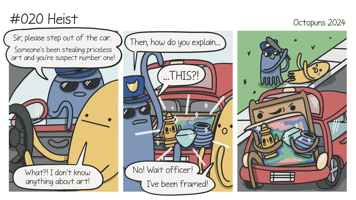 Octopuns's tweet image. Old Comic: #020 Heist octopuns.com/2024/03/old-co… …… #puns #comics