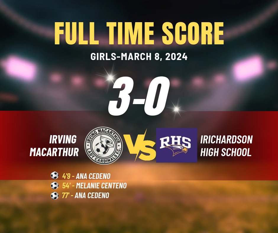 IrvMacGSoccer's tweet photo. MAC RESULT: The Lady Cardinals earned a playoff spot with a win tonight. The Lady Cards will finish 3rd in District. Playoff details coming soon. @MacArthurCards @IrvingISD @IISDAthletics @tascosoccer @THSCAcoaches @DFW_Girls_HS_VS @LethalSoccer @50_50Pod https://t.co/X13fXCoUFR