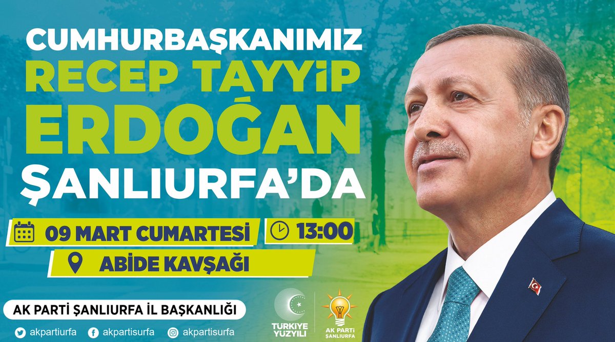 Türkiye Yüzyılı'nın Mimarı, Cumhurbaşkanımız Sayın <a href="/RTErdogan/">Recep Tayyip Erdoğan</a>, Şanlıurfa'mıza geliyor.

🗓 Bugün
🕙 13.00
📍Abide Kavşağı

Büyük Mitinge tüm halkımız davetlidir.
#HazırızKararlıyız
#GerçekBelediyecilik