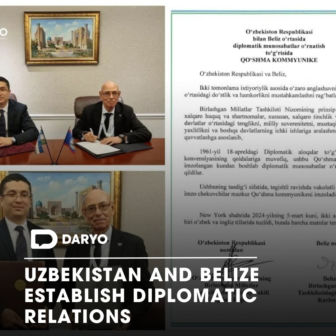 #Uzbekistan and #Belize establish #diplomaticrelations

🇺🇿🇧🇿🇱🇮

The establishment of diplomatic relations between Uzbekistan and Belize was formalized through the signing of a Joint #Communiqué in #NewYorkCity

👉Details  — dy.uz/UpceL 

@unitednations @uzbekistanun