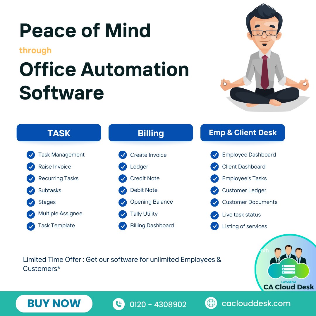 caclouddesk's tweet image. Efficient task tracking, invoicing, and document handling at your fingertips. Embrace the serenity of automation and elevate your firm&apos;s productivity. Limited-time deal for unlimited users!

🔗 caclouddesk.com
📞 0120 – 4308902

#OfficeAutomation #TaxPros #CASoftware