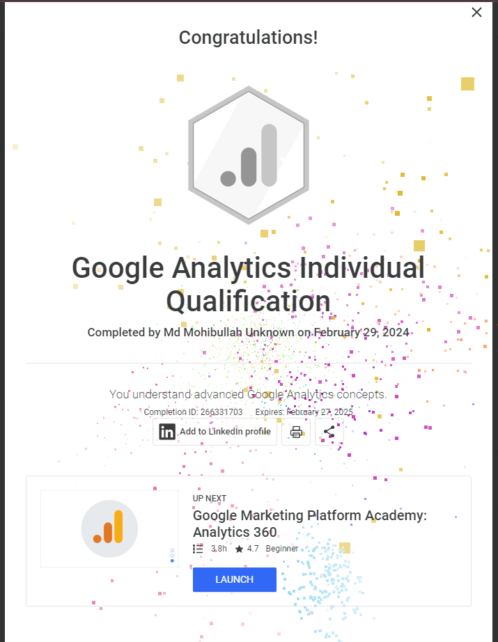 mohibullahdm's tweet photo. I’m happy to share that I’ve obtained a new certification: Google Analytics Individual Qualification from Certification Answers!
#googleanalytics #googleanalyticsexpert #googleanalyticscertified #googlecertifications #googlecertified #GoogleCertificate #digitalmarketingservice https://t.co/plblH5vgH2