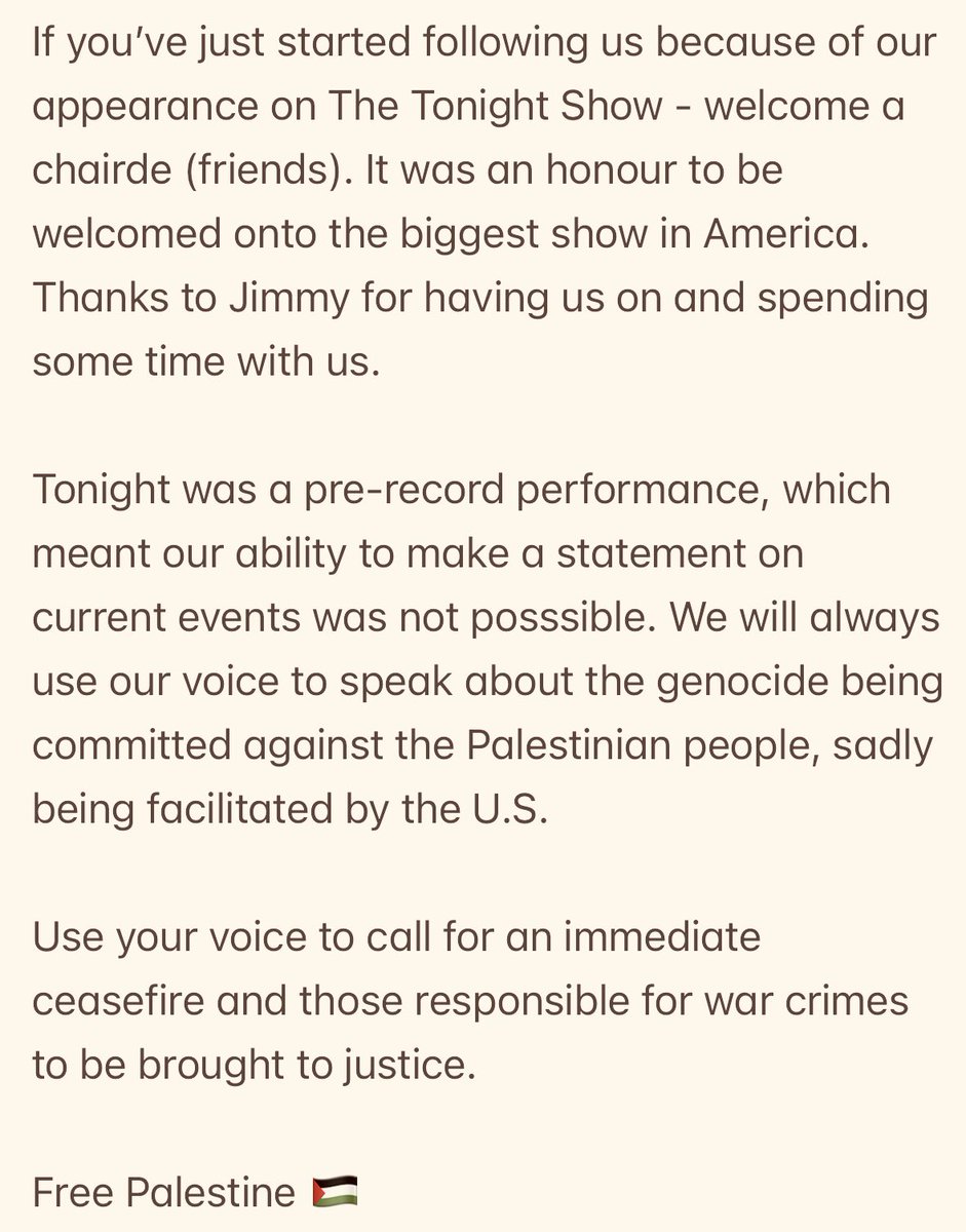 KNEECAPCEOL's tweet image. A message ahead of our appearance on the Tonight Show. 🇮🇪 🤝🇵🇸