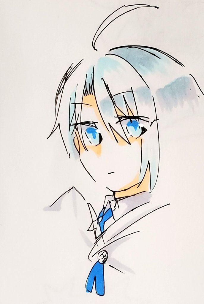 solo blue eyes ahoge traditional media closed mouth 1boy looking at viewer  illustration images