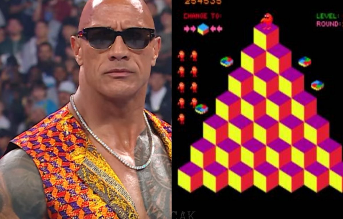 CAKofallTrades's tweet photo. @OSWreview #whatbar is @TheRock? He is level 9 of Q*bert! https://t.co/Rzu3cv8S6k
